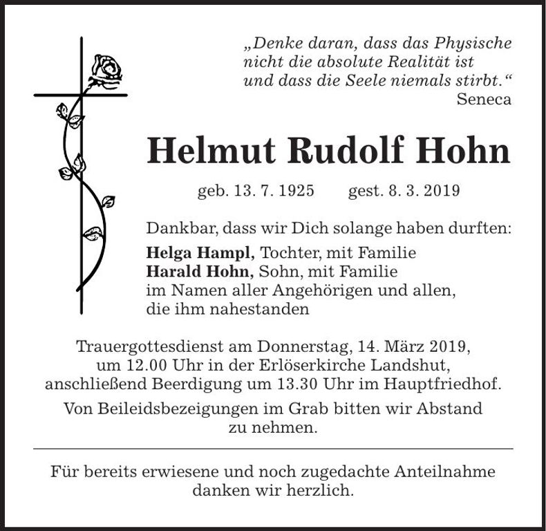 Traueranzeige Helmut Rudolf Hohn