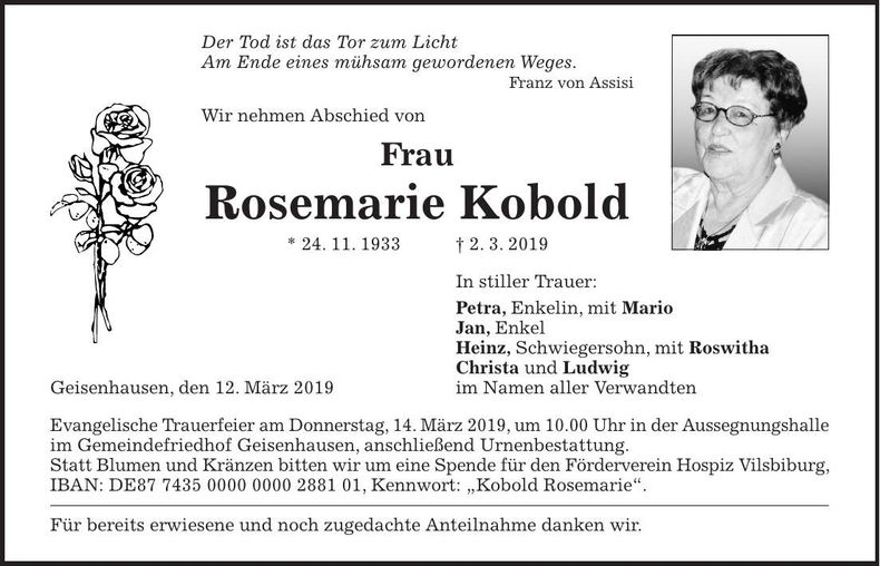 Traueranzeige Rosemarie Kobold