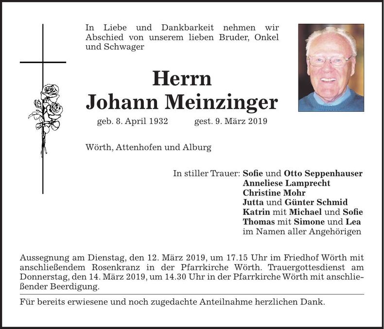 Traueranzeige Johann Meinzinger