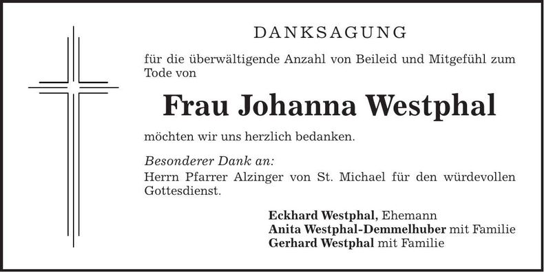Traueranzeige Johanna Westphal