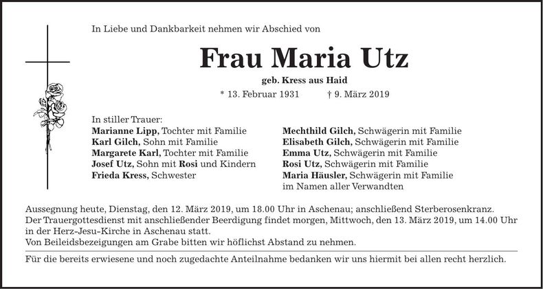Traueranzeige Maria Utz