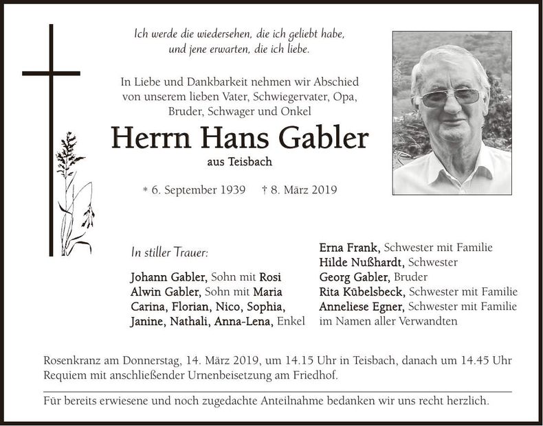Traueranzeige Hans Gabler
