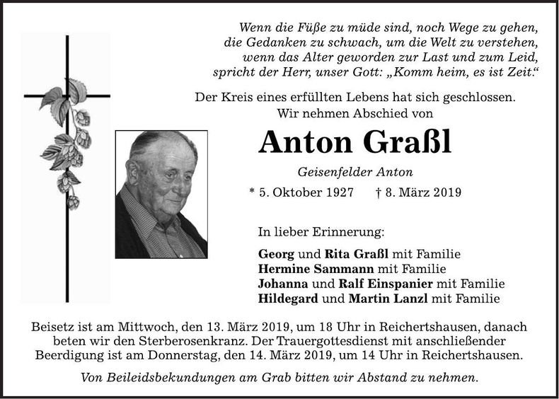 Traueranzeige Anton Graßl