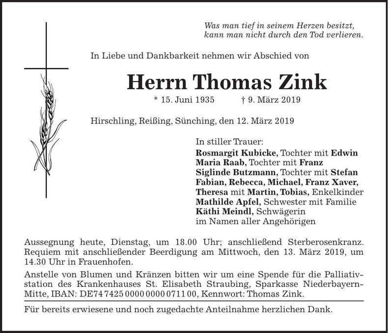 Traueranzeige Thomas Zink