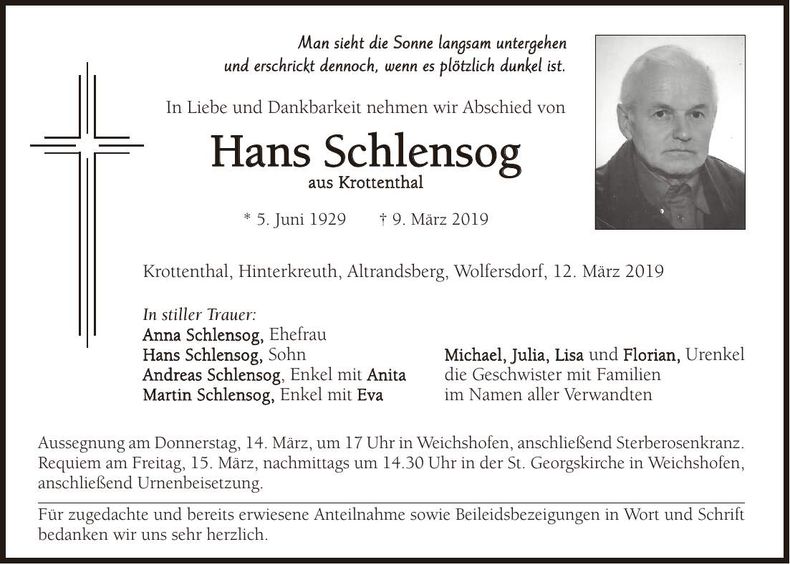Traueranzeige Hans Schlensog