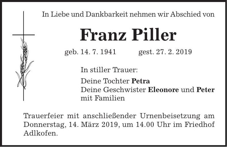 Traueranzeige Franz Piller