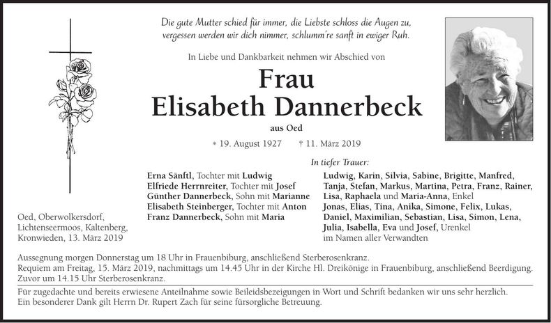 Traueranzeige Elisabeth Dannerbeck