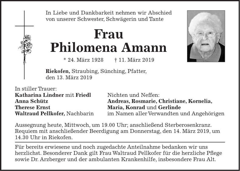 Traueranzeige Philomena Amann