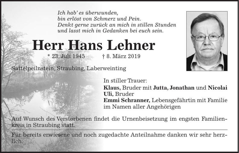 Traueranzeige Hans Lehner