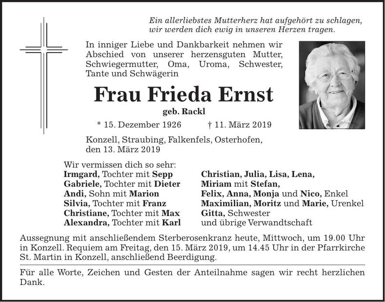 Traueranzeige Frieda Ernst