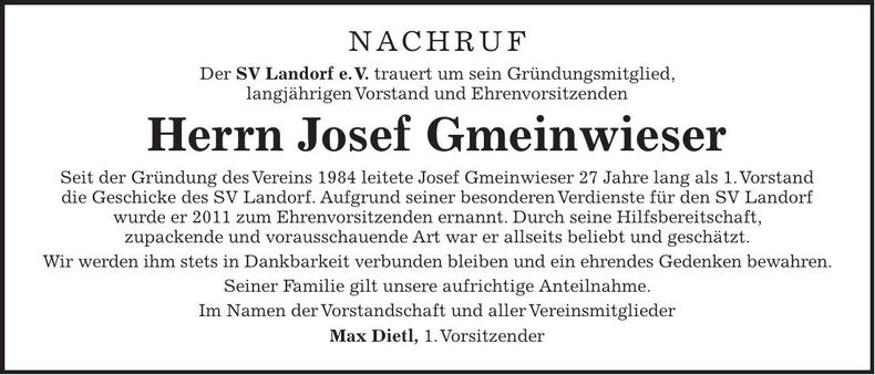 Traueranzeige Josef Gmeinwieser