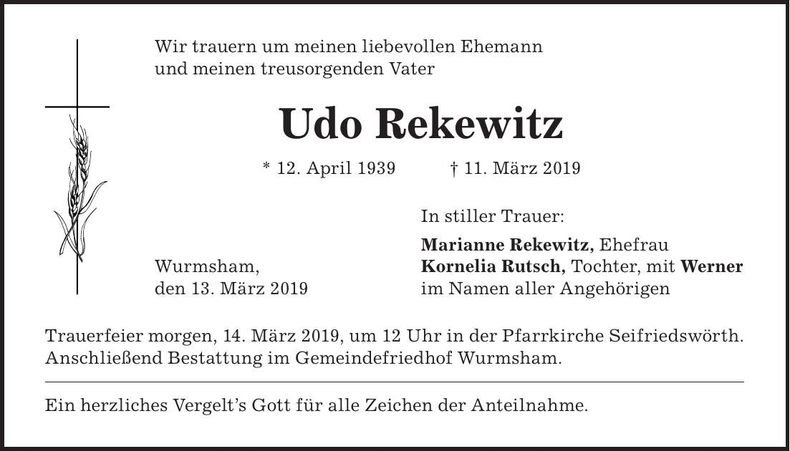 Traueranzeige Udo Rekewitz