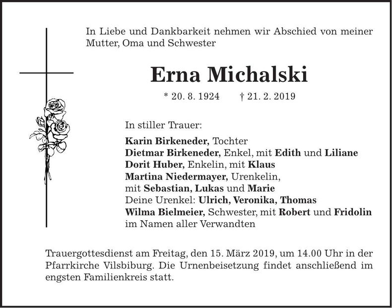 Traueranzeige Erna Michalski