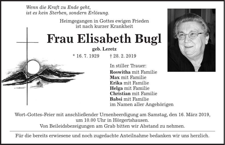 Traueranzeige Elisabeth Bugl