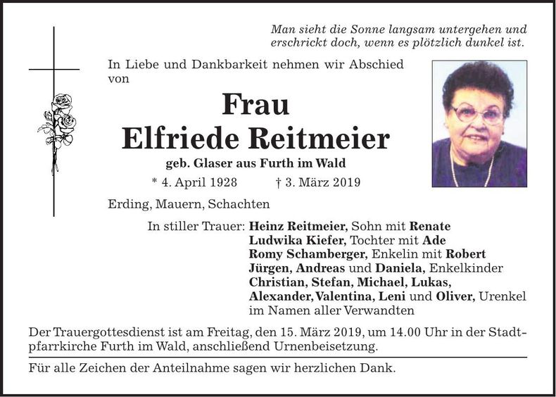 Traueranzeige Elfriede Reitmeier