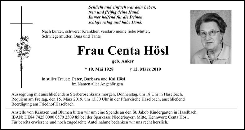 Traueranzeige Centa Hösl