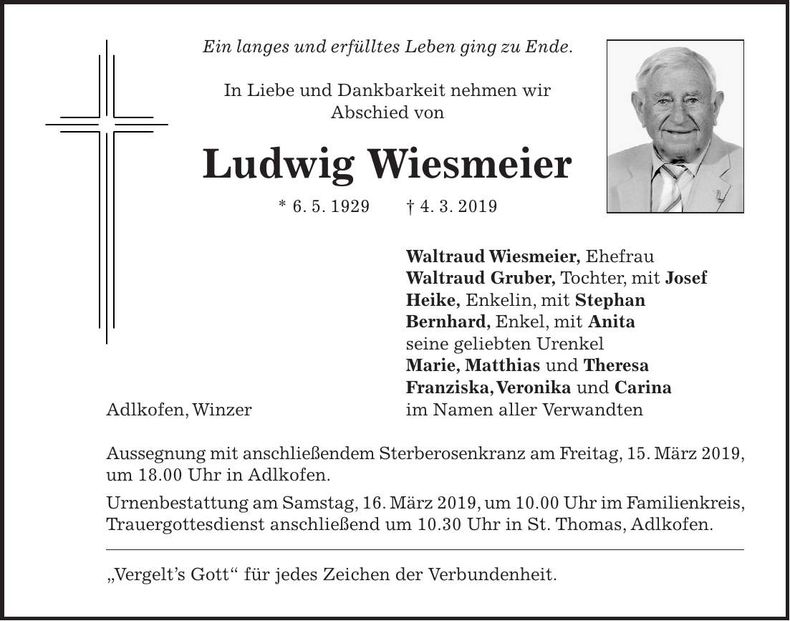 Traueranzeige Ludwig Wiesmeier