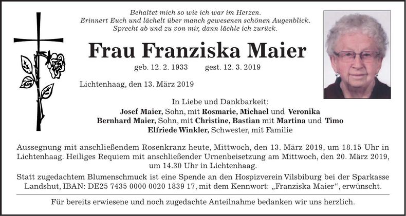 Traueranzeige Franziska Maier