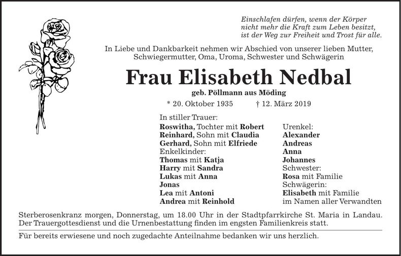 Traueranzeige Elisabeth Nedbal