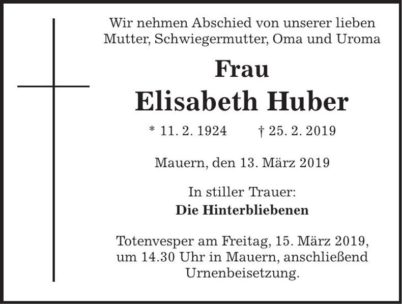 Traueranzeige Elisabeth Huber