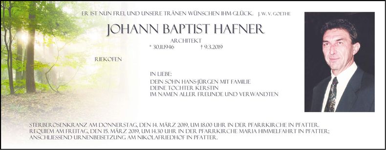 Traueranzeige Johann Baptist Hafner