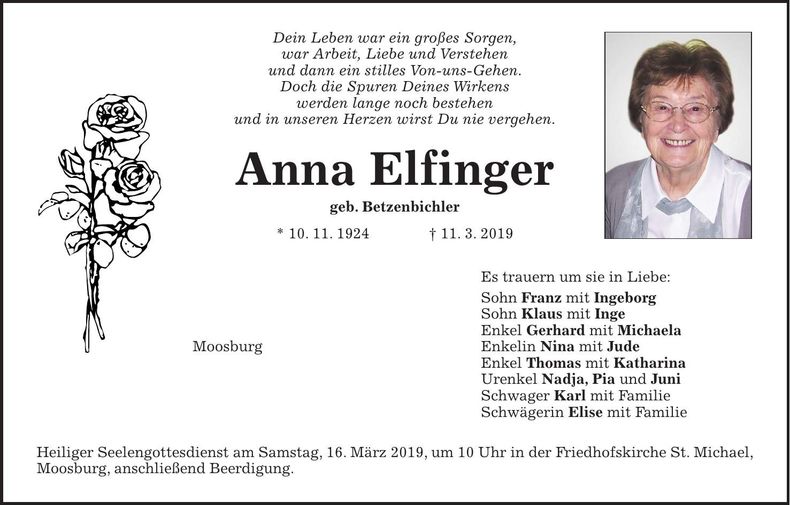 Traueranzeige Anna Elfinger