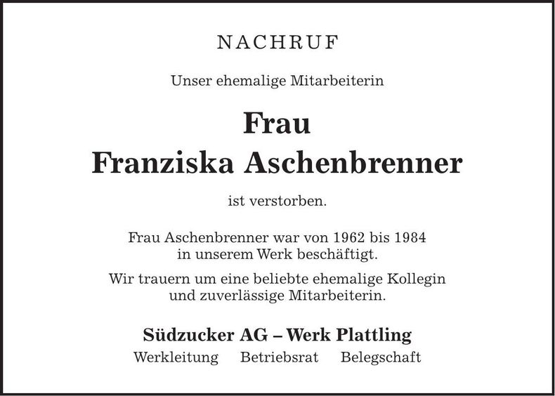 Traueranzeige Franziska Aschenbrenner