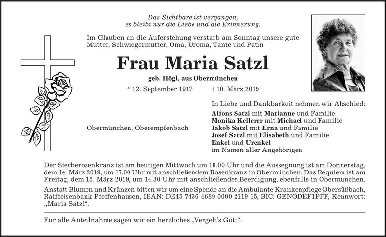 Traueranzeige Maria Satzl