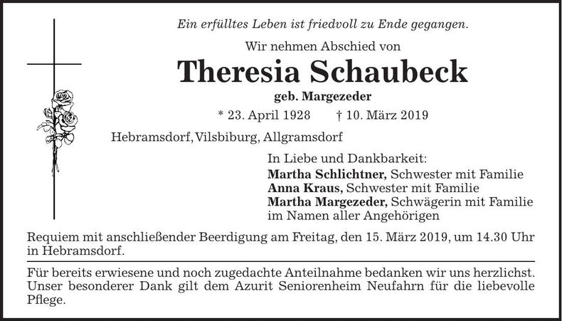 Traueranzeige Theresia Schaubeck