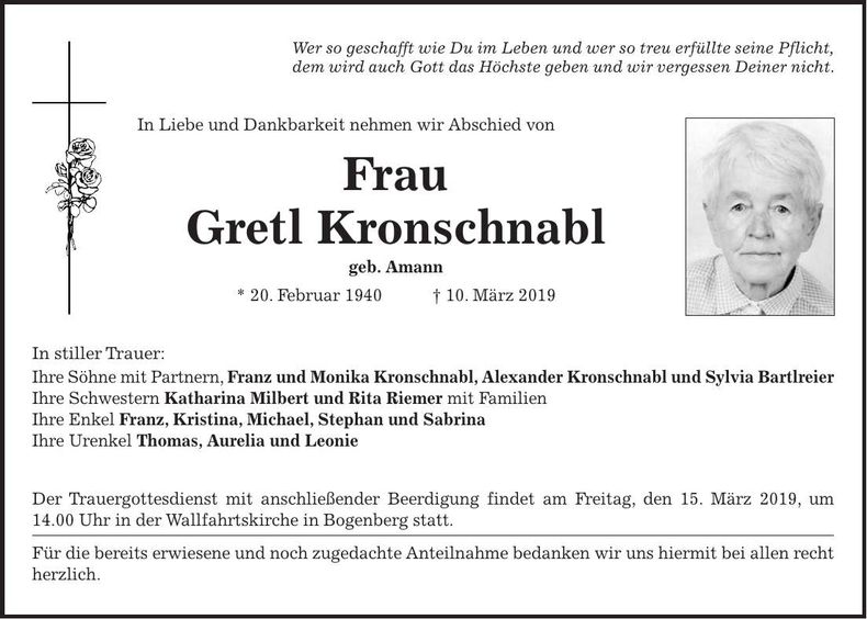 Traueranzeige Gretl Kronschnabl