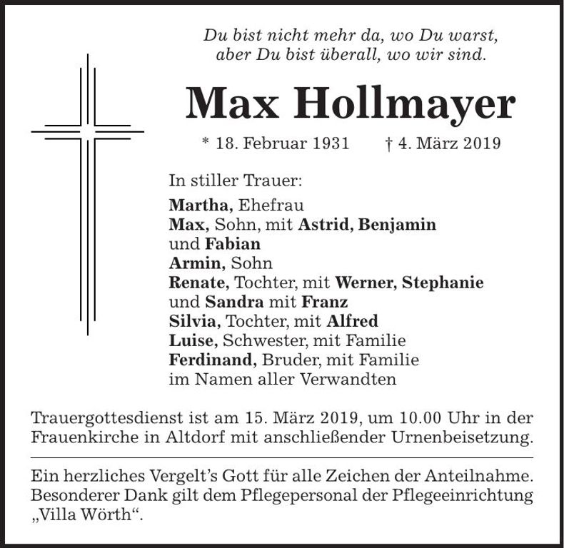 Traueranzeige Max Hollmayer