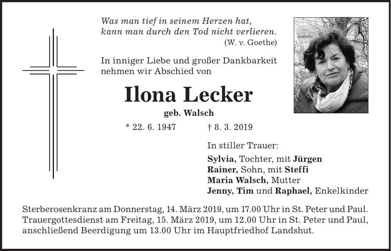 Traueranzeige Ilona Lecker