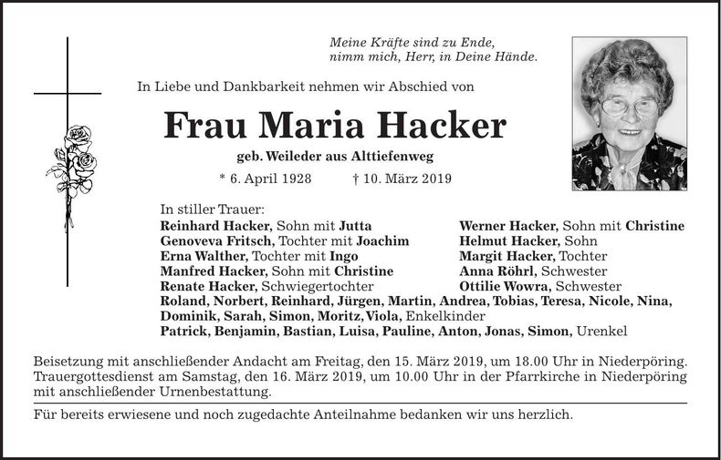 Traueranzeige Maria Hacker