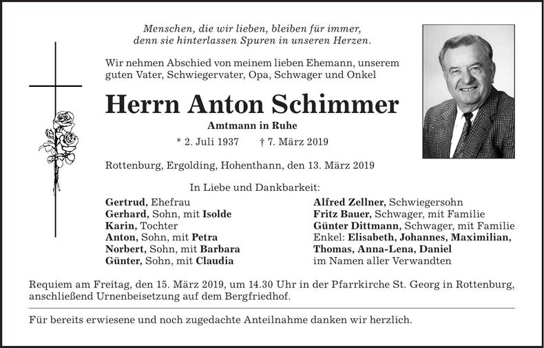 Traueranzeige Anton Schimmer