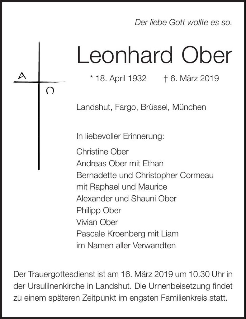 Traueranzeige Leonhard Ober