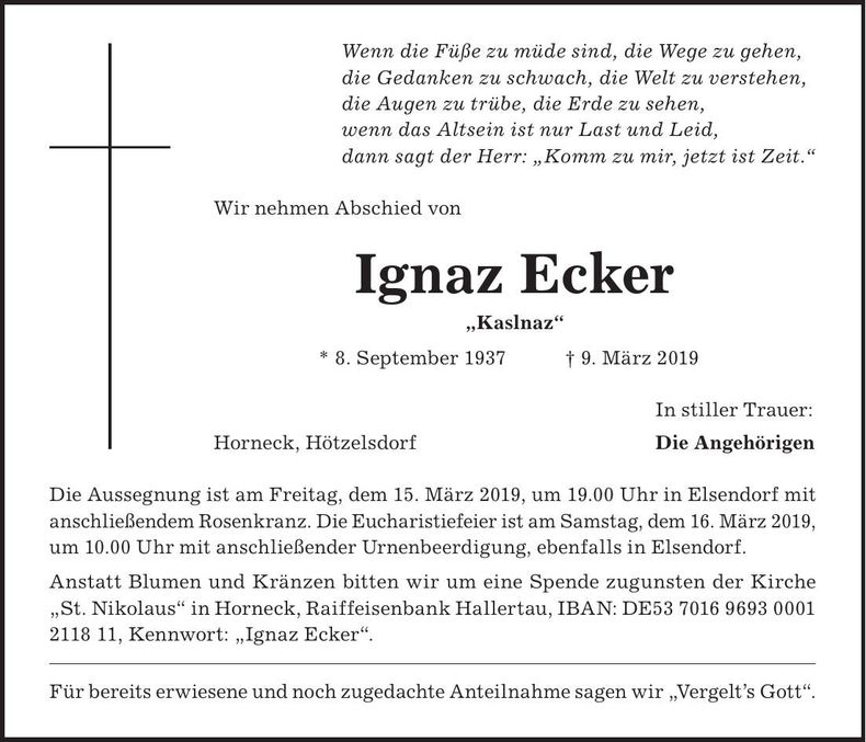 Traueranzeige Ignaz Ecker