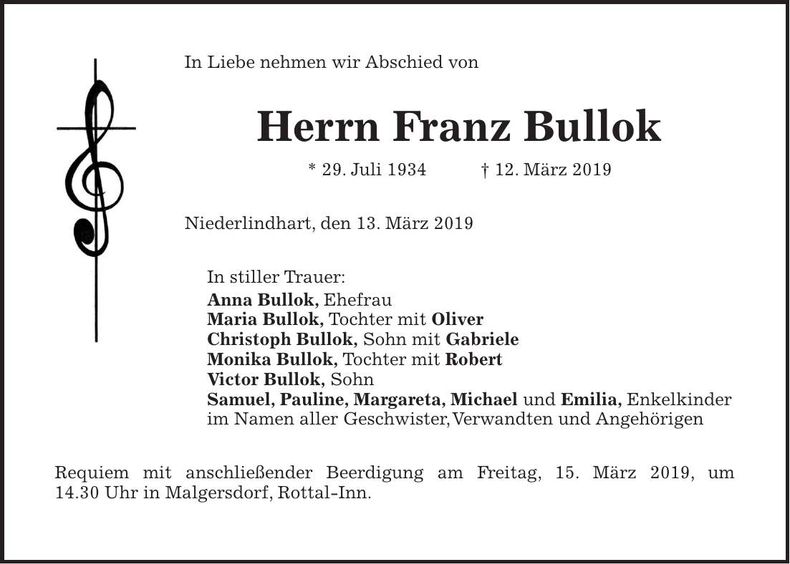 Traueranzeige Franz Bullok