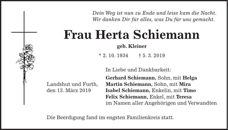 Traueranzeige Herta Schiemann