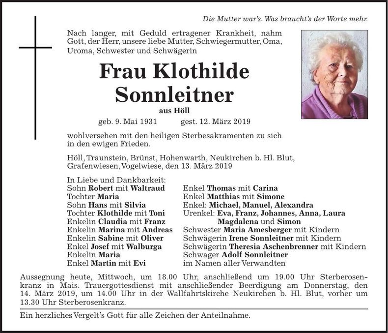 Traueranzeige Klothilde Sonnleitner