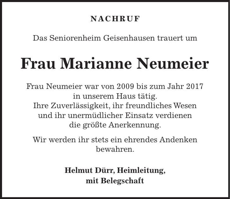 Traueranzeige Marianne Neumeier