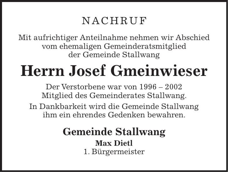 Traueranzeige Josef Gmeinwieser