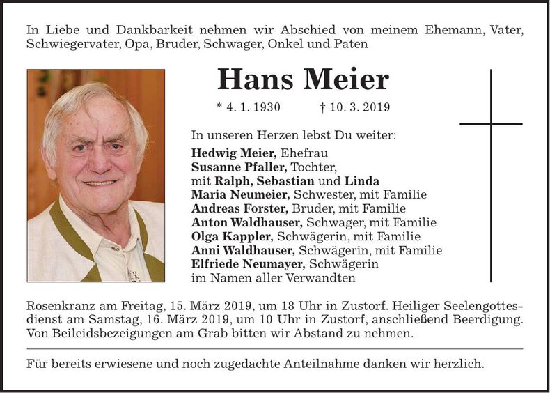 Traueranzeige Hans Meier