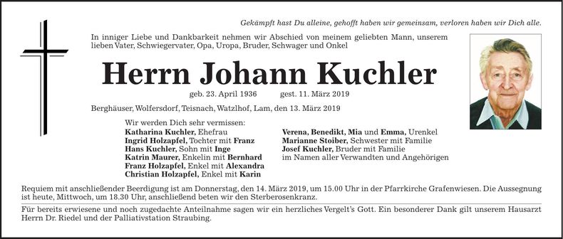Traueranzeige Johann Kuchler