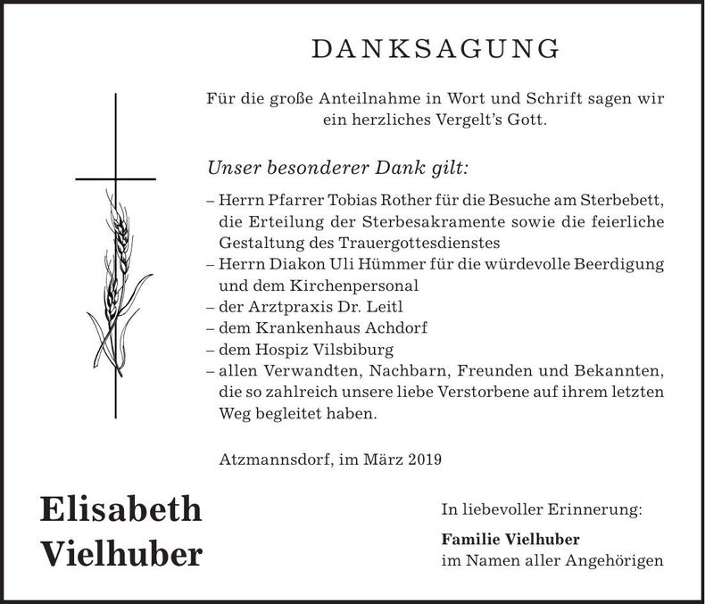 Traueranzeige Elisabeth Vielhuber