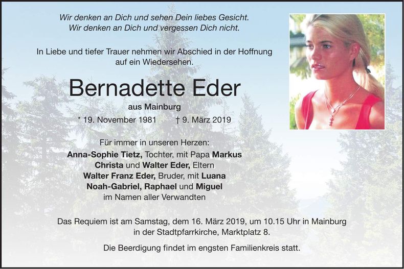 Traueranzeige Bernadette Eder