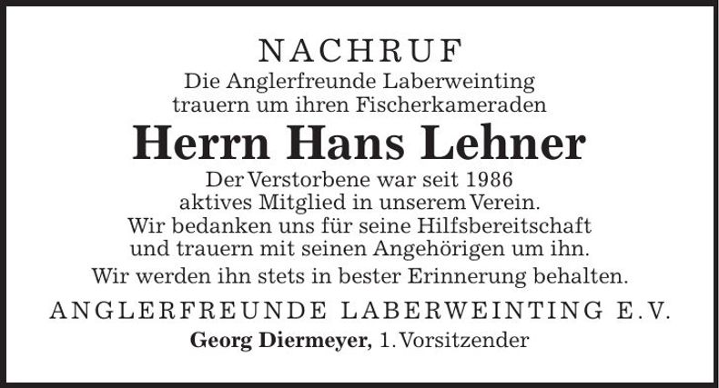Traueranzeige Hans Lehner