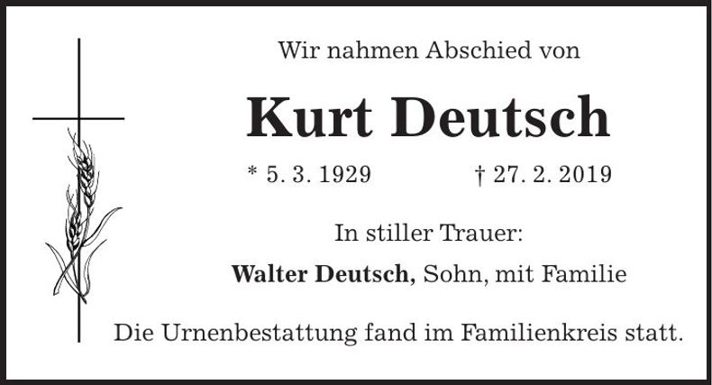 Traueranzeige Kurt Deutsch