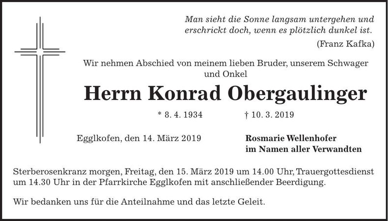 Traueranzeige Konrad Obergaulinger