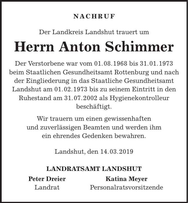 Traueranzeige Anton Schimmer