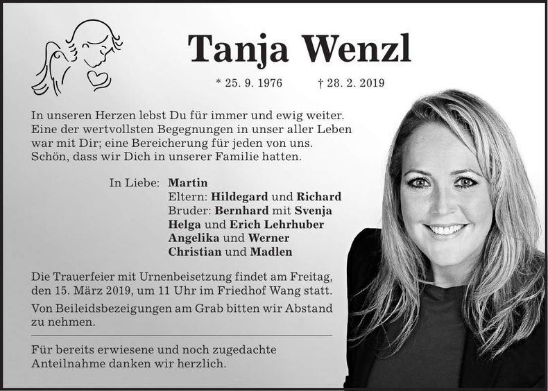 Traueranzeige Tanja Wenzl